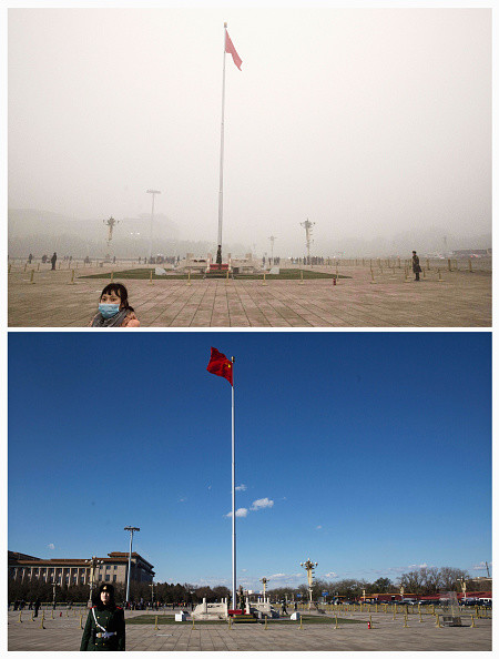 BEIJING, CHINA - DECEMBER 02: In this composite of two separate images, Tiananmen Square is seen in heavy pollution, top, on December 1 and 24 hours later under a clear sky on December 2, 2015 in Beijing, China. Until a strong north wind arrived late Tuesday, China's capital and many cities in the northern part of the country recorded the worst smog of the year on November 30 and December 1, 2015 with air quality devices in some areas unable to read such high levels of pollutants. Levels of PM 2.5, considered the most hazardous, crossed 600 units in Beijing, nearly 25 times the acceptable standard set by the World Health Organization. The governments of more than 190 countries are meeting in Paris this week to set targets on reducing carbon emissions in an attempt to forge a new global agreement on climate change.(Photo by Kevin Frayer/Getty Images)